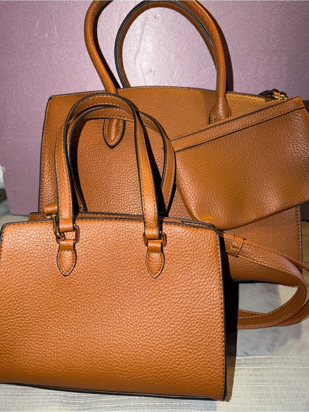 NWOT 3-Piece Cognac Brown Pebbled Vegan Leather Satchel & Tote Bag Set